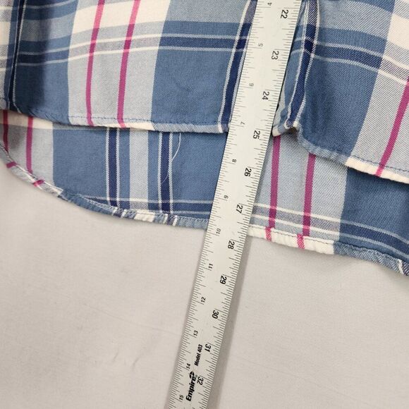 Woolrich Button Down Flannel Shirt Womens Sz L Blue Pink Plaid Long Tab Sleeve - Picture 4 of 7